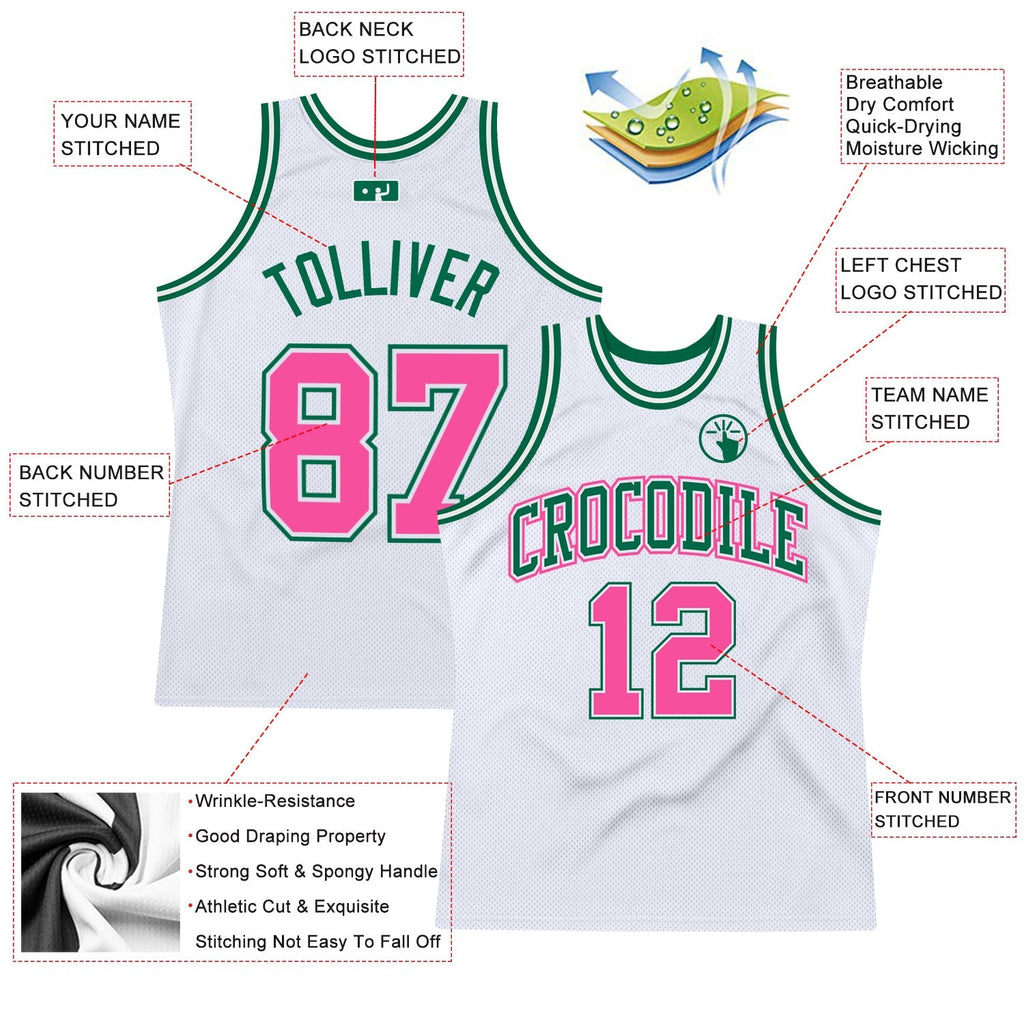 Custom Basketball Jersey - White Pink-Kelly Green Throwback