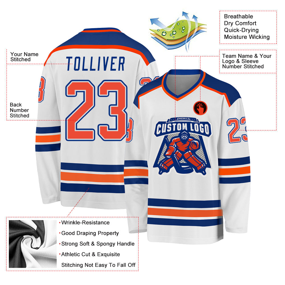 Custom Hockey Jersey - White Orange-Royal