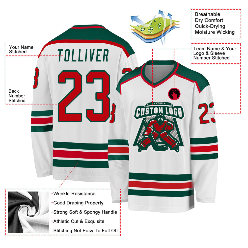 Custom Hockey Jersey - White Red-Green