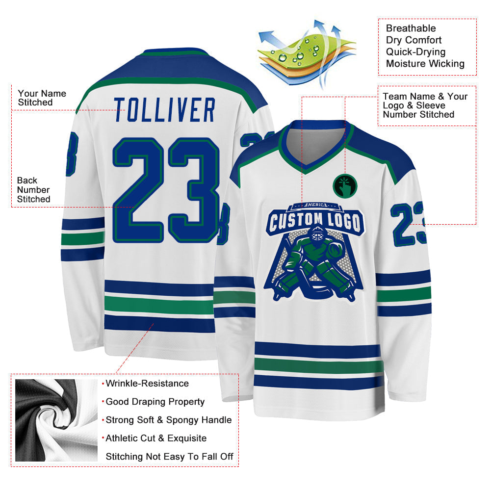 Custom Hockey Jersey - White Royal-Kelly Green - Style White1062