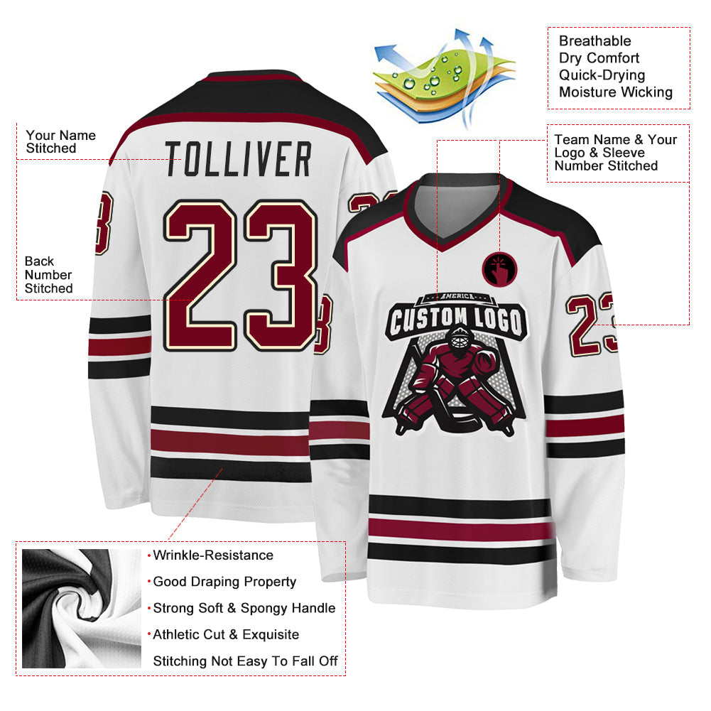 Custom Hockey Jersey - White Maroon Cream-Black