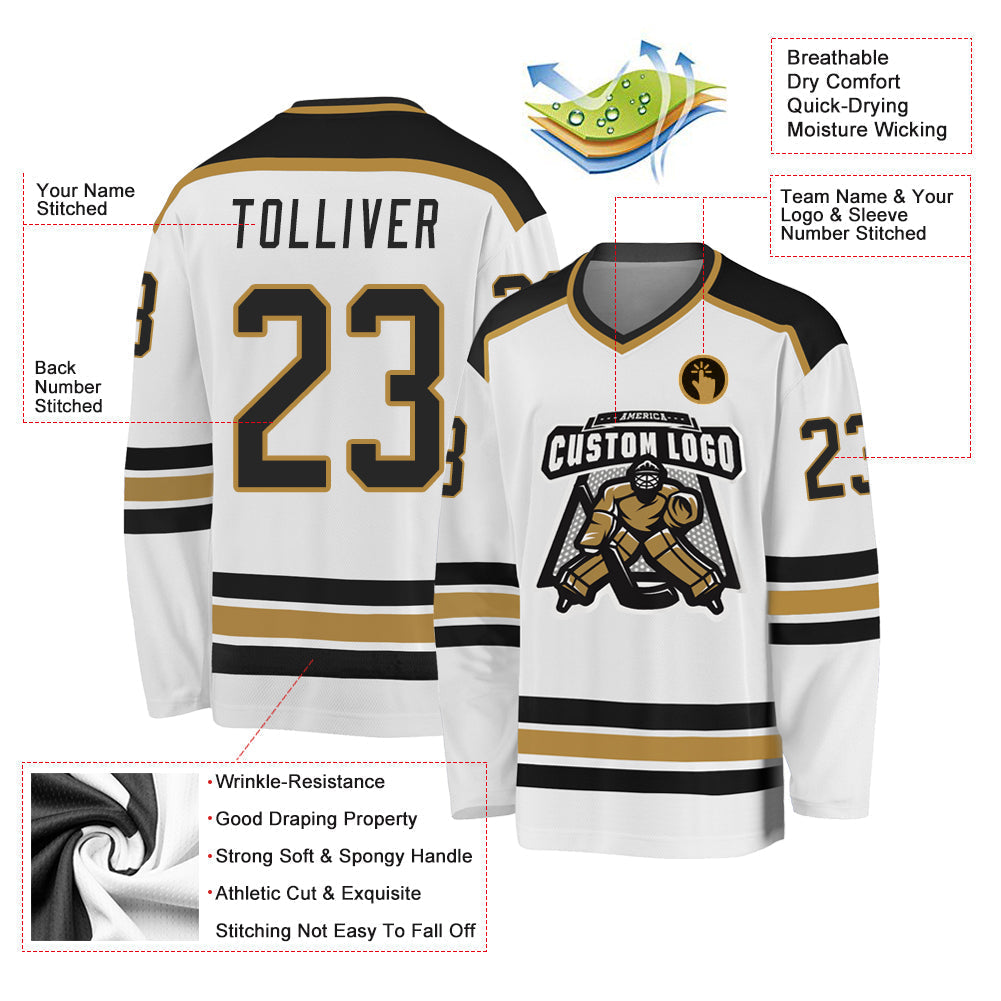 Custom Hockey Jersey - White Black-Old Gold