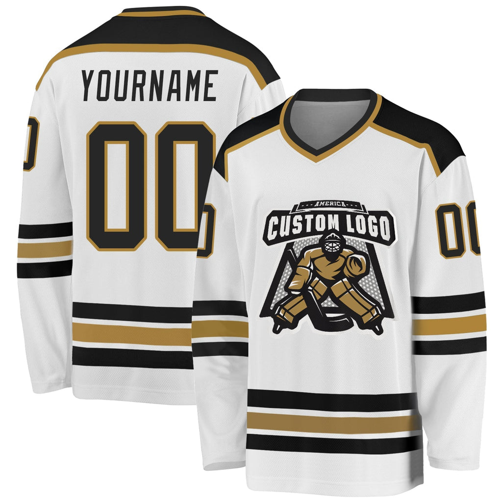 Custom Hockey Jersey - White Black-Old Gold