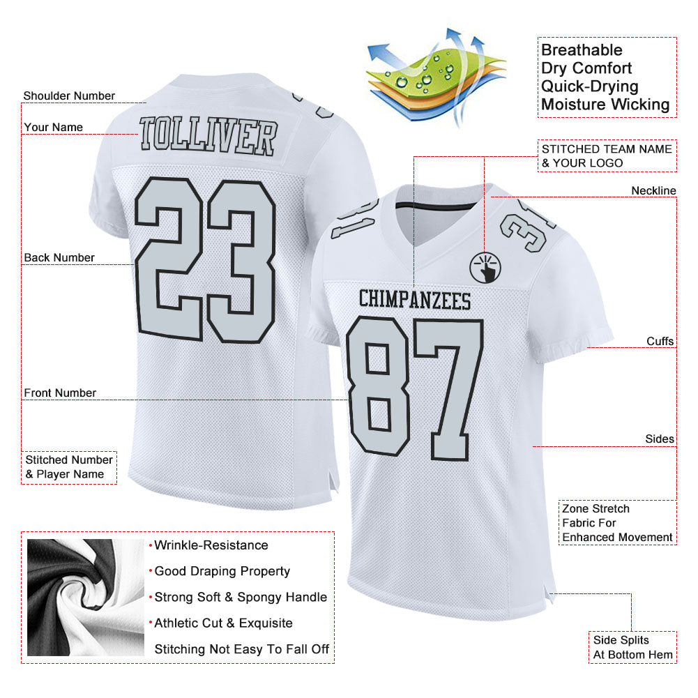 Custom Football Jersey - White Silver-Black Mesh - Style White1131