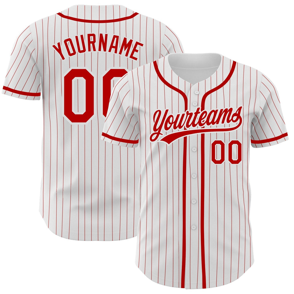 Custom Baseball Jersey - White Red Pinstripe Red