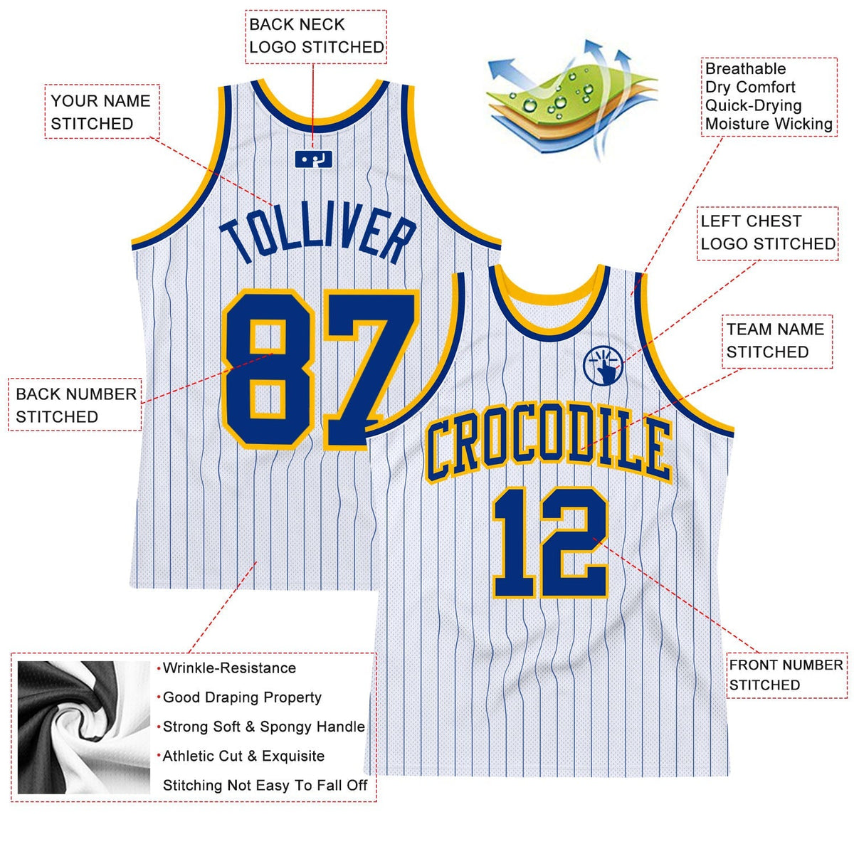 Custom Basketball Jersey - White Royal Pinstripe Royal-Gold