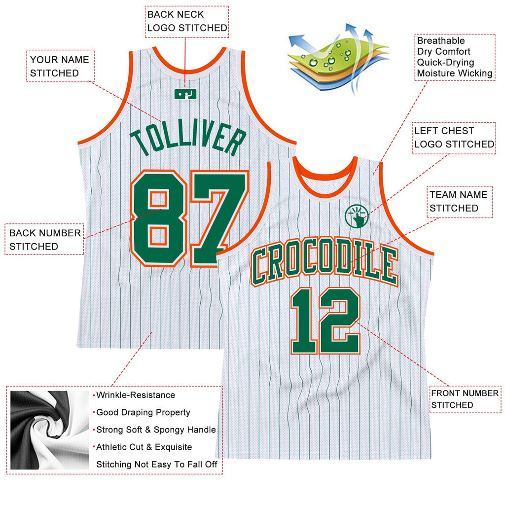 Custom Basketball Jersey - White Kelly Green Pinstripe Kelly Green-Orange
