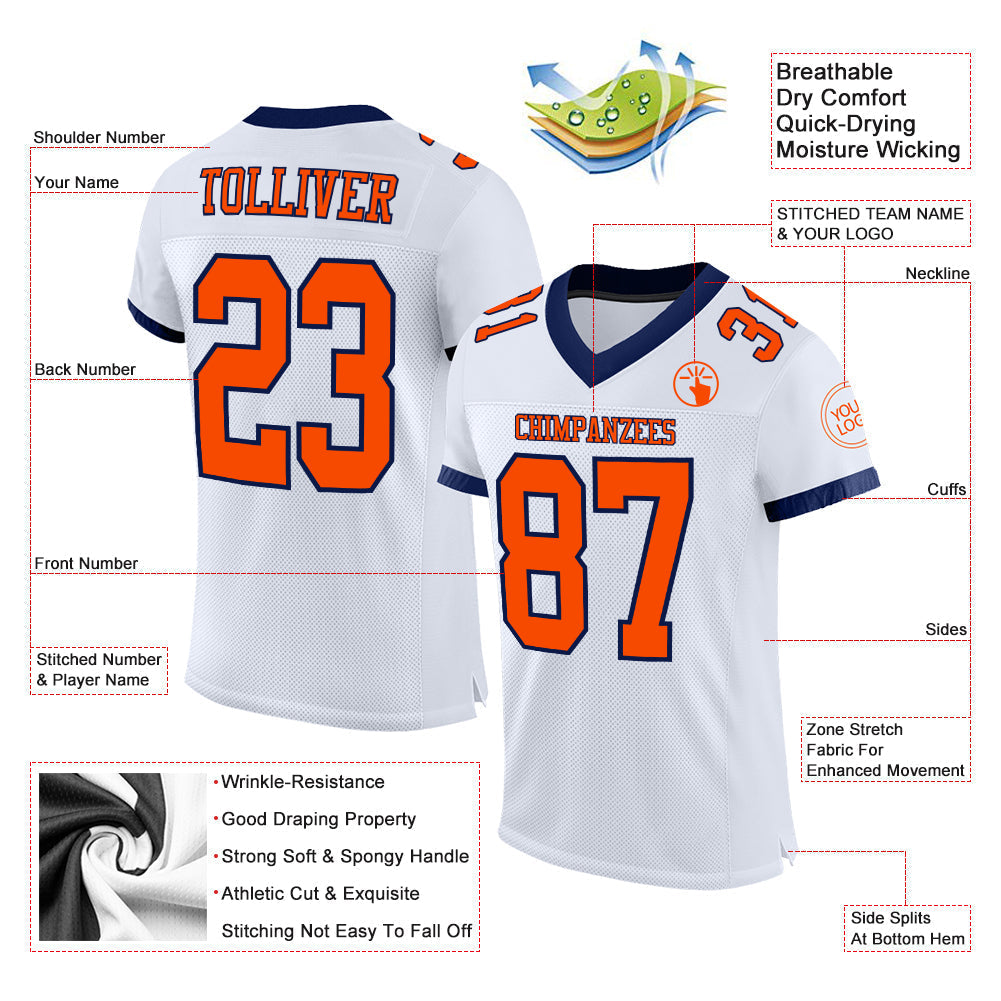 Custom Football Jersey - White Orange-Navy Mesh