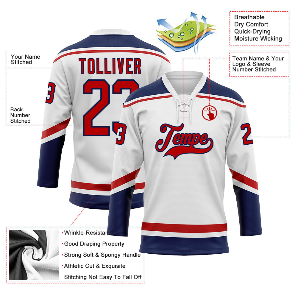 Custom Hockey Jersey - White Red-Navy Lace Neck