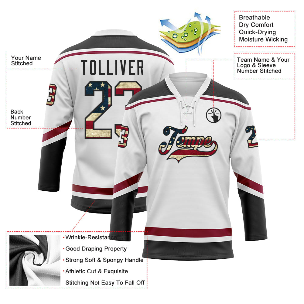 Custom Hockey Jersey - White Vintage USA Flag Black-Maroon Lace Neck