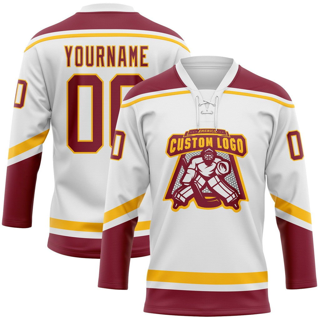 Custom Hockey Jersey - White Crimson-Gold Lace Neck
