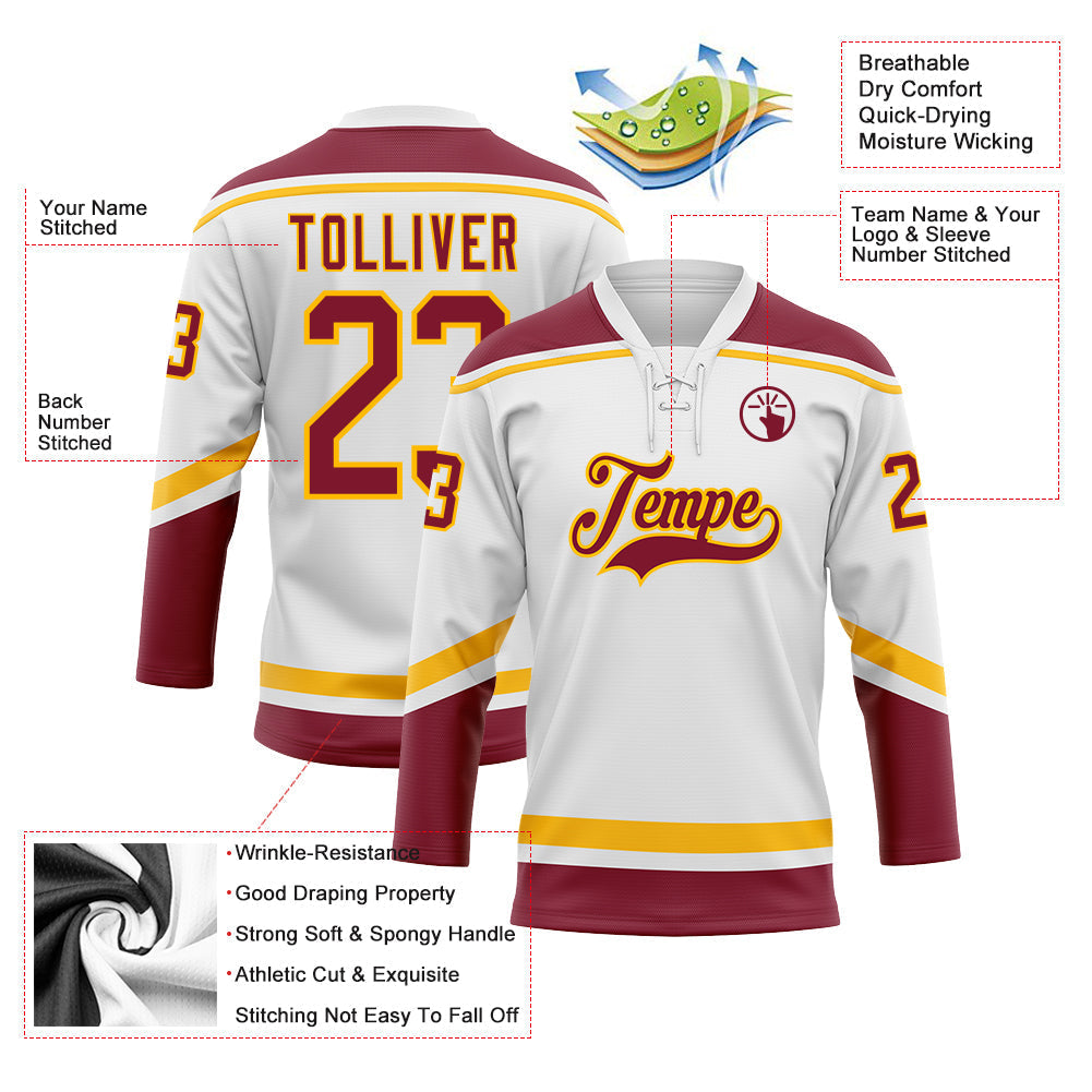 Custom Hockey Jersey - White Crimson-Gold Lace Neck