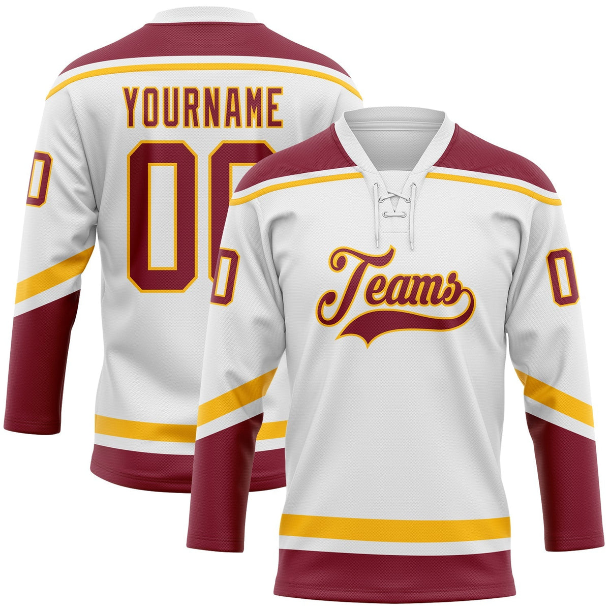 Custom Hockey Jersey - White Crimson-Gold Lace Neck