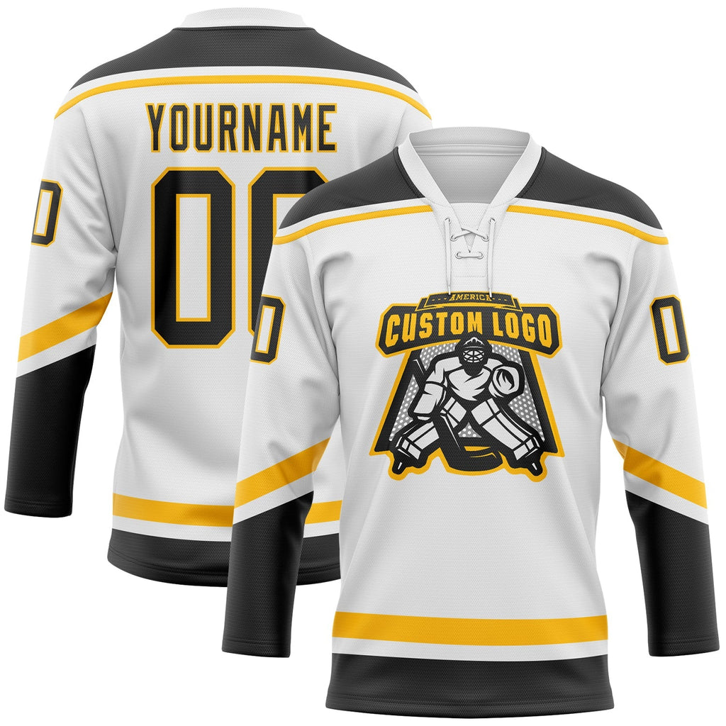 Custom Hockey Jersey - White Black-Gold Lace Neck