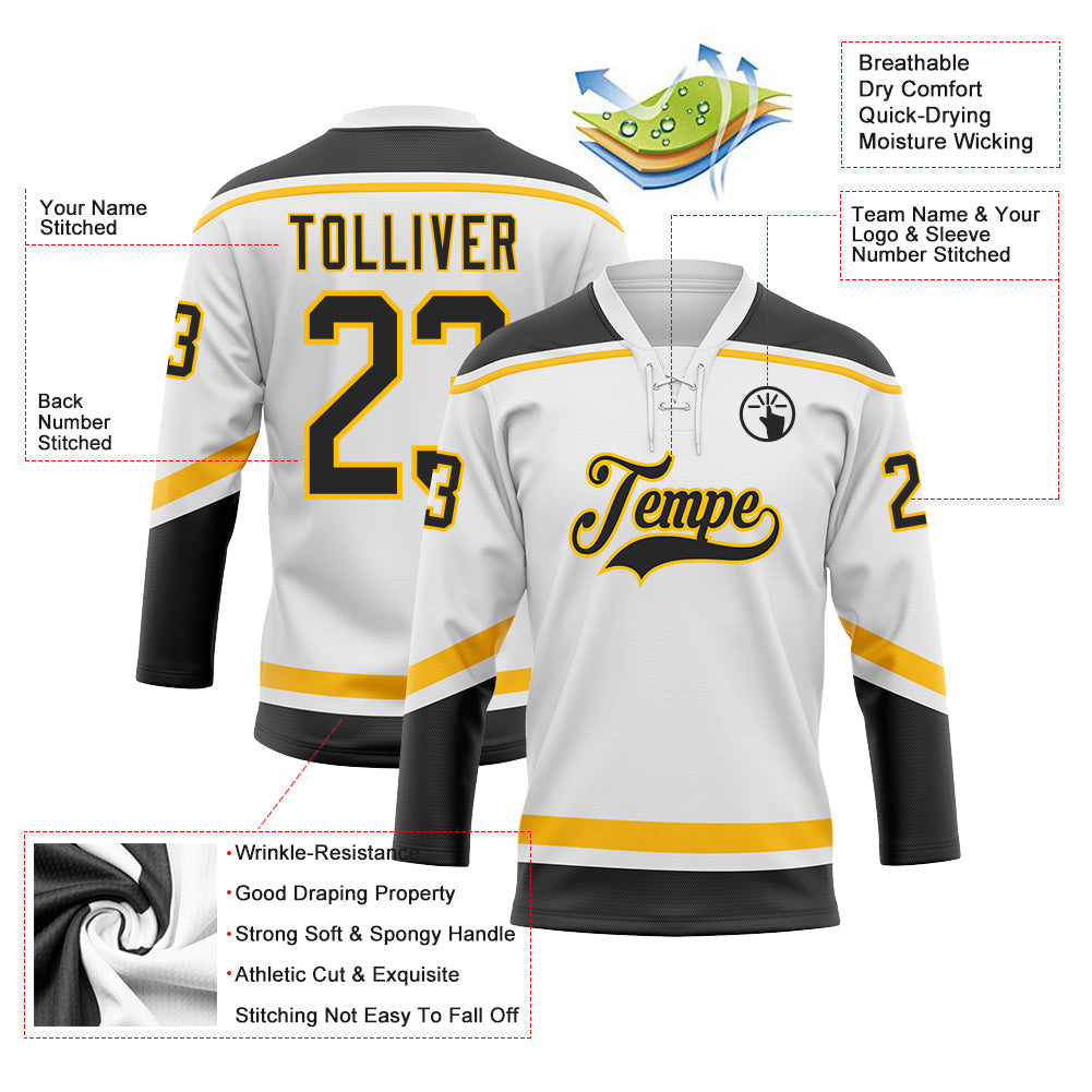Custom Hockey Jersey - White Black-Gold Lace Neck