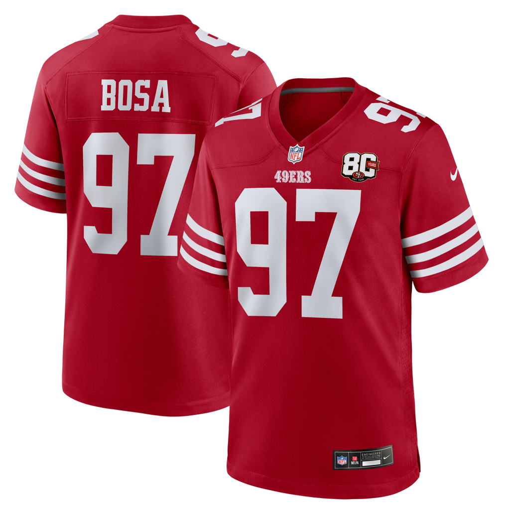 San Francisco 49ers Nick Bosa Scarlet 80th Anniversary Game Football Jersey