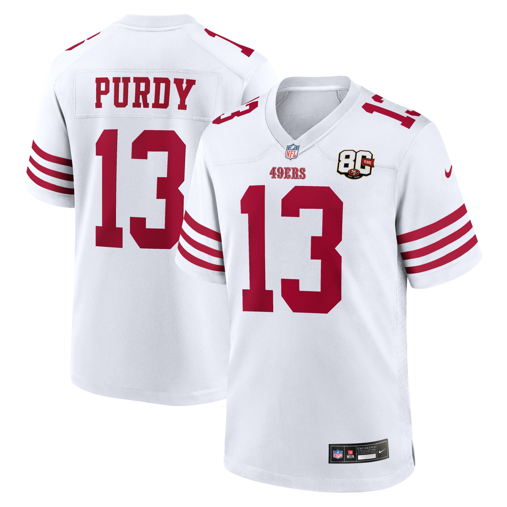 San Francisco 49ers Brock Purdy White 80th Anniversary Game Football Jersey