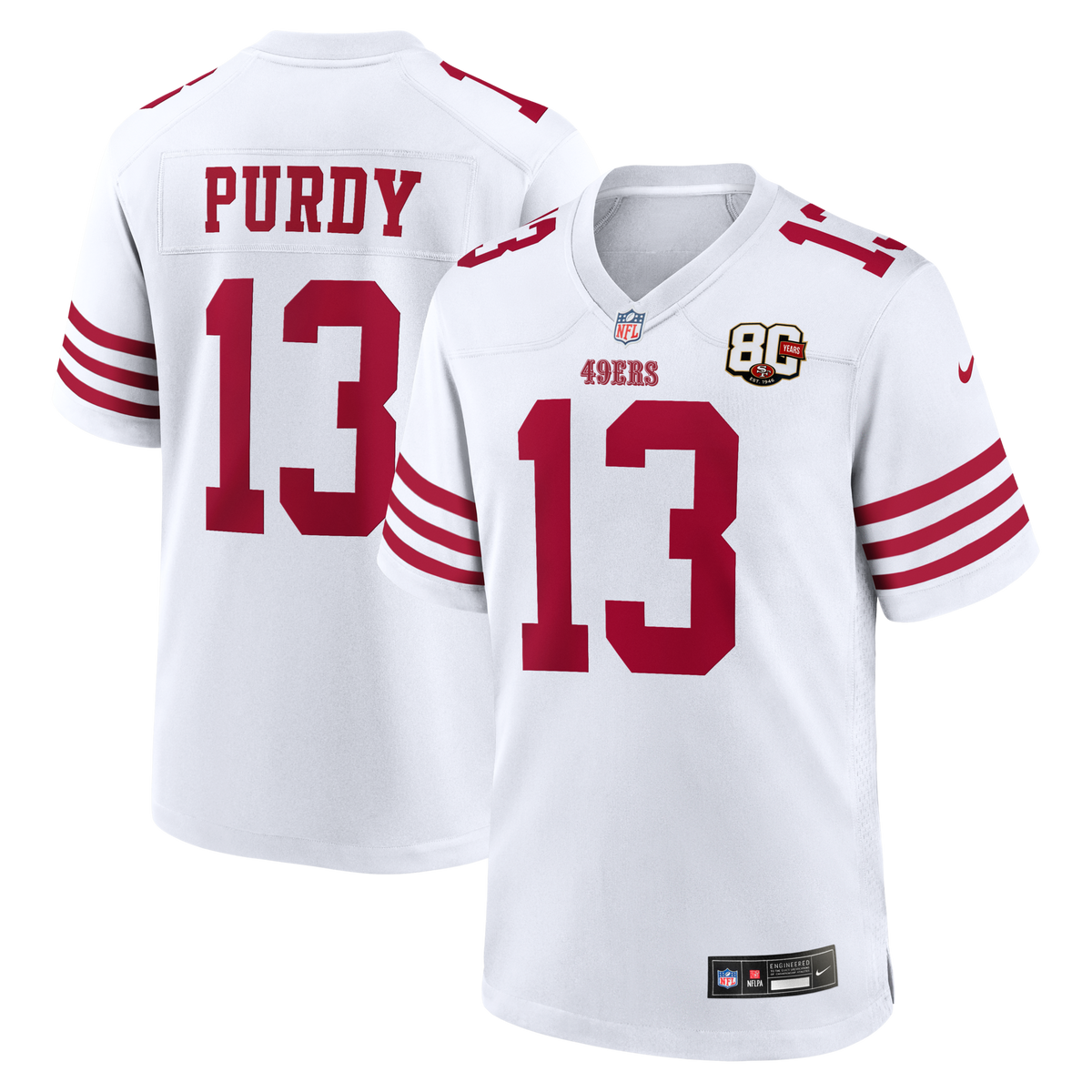 San Francisco 49ers Brock Purdy White 80th Anniversary Game Football Jersey