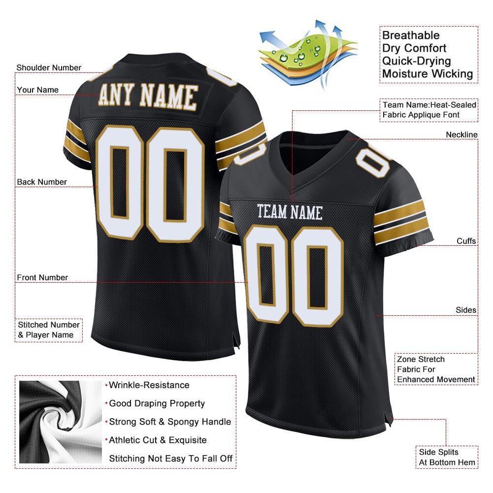 Custom Football Jersey - Black White-Old Gold Mesh