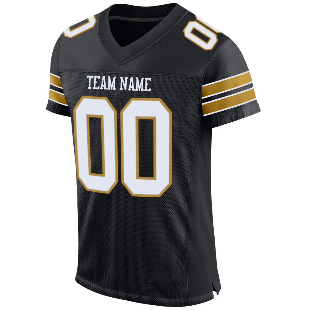 Custom Football Jersey - Black White-Old Gold Mesh