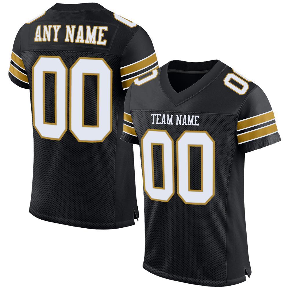 Custom Football Jersey - Black White-Old Gold Mesh