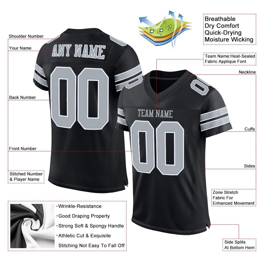 Custom Football Jersey - Black Silver-White Mesh