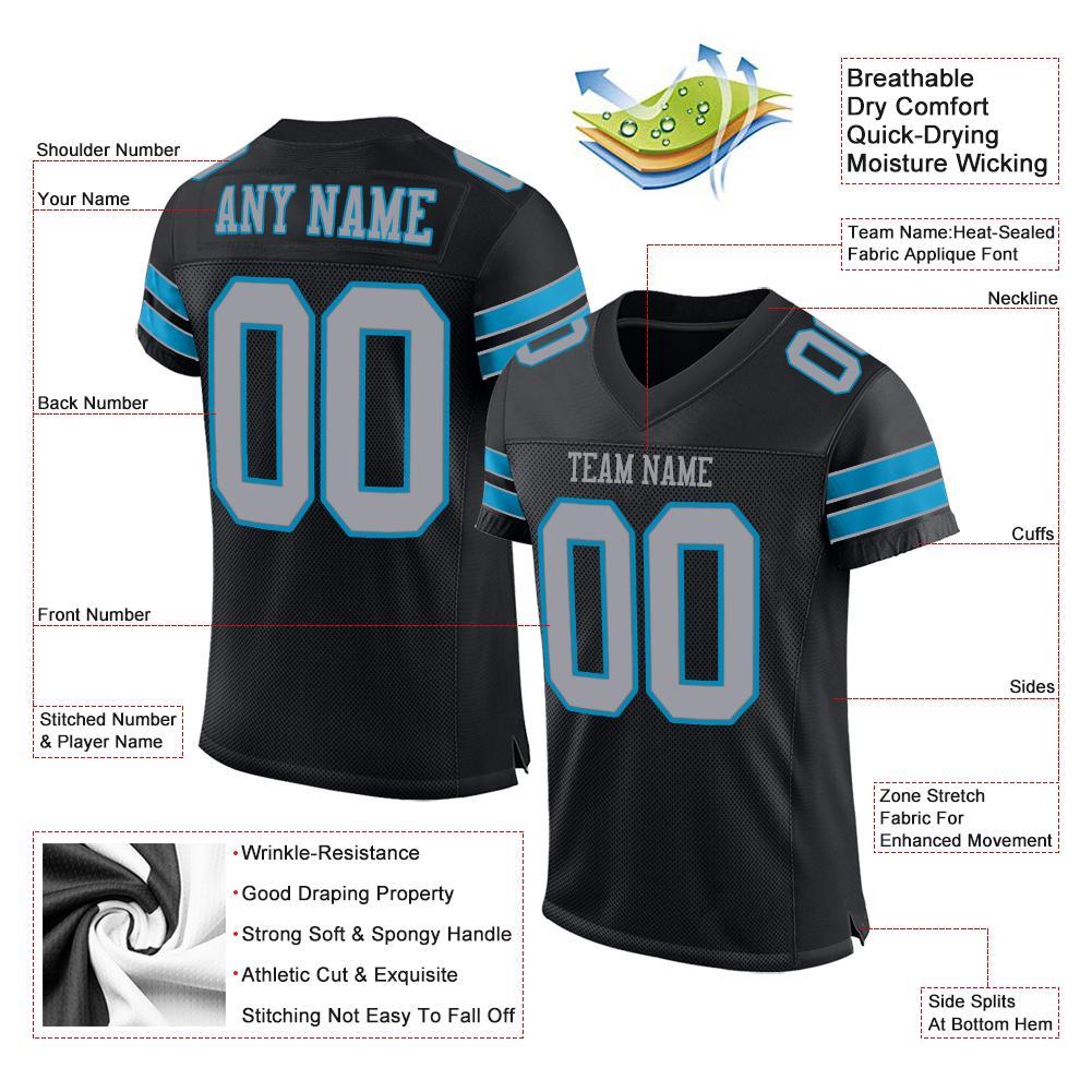 Custom Football Jersey - Black Light Gray-Panther Blue Mesh