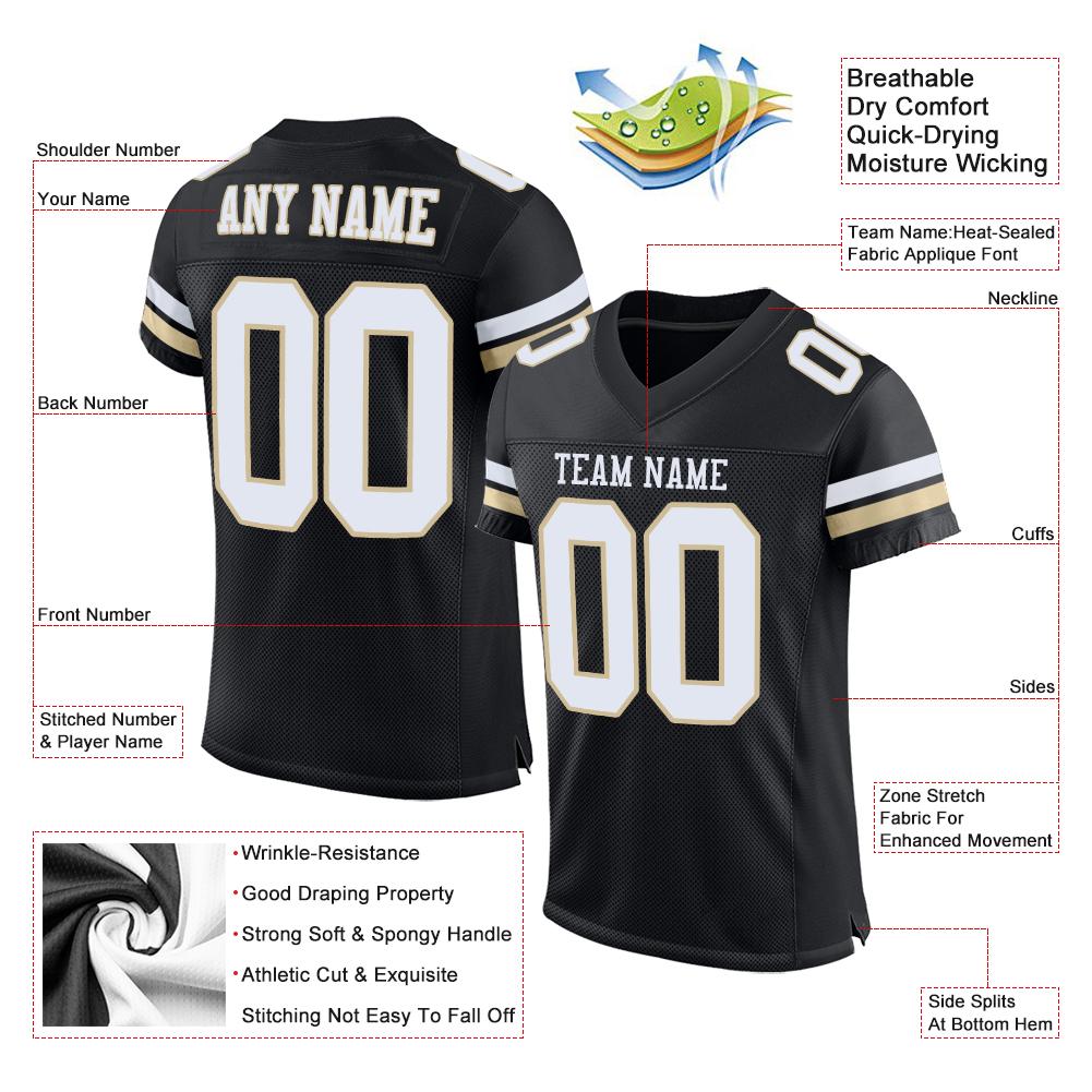 Custom Football Jersey - Black White-Vegas Gold Mesh