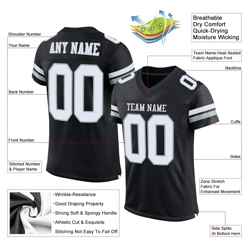 Custom Football Jersey - Black White-Silver Mesh - Style Black0074