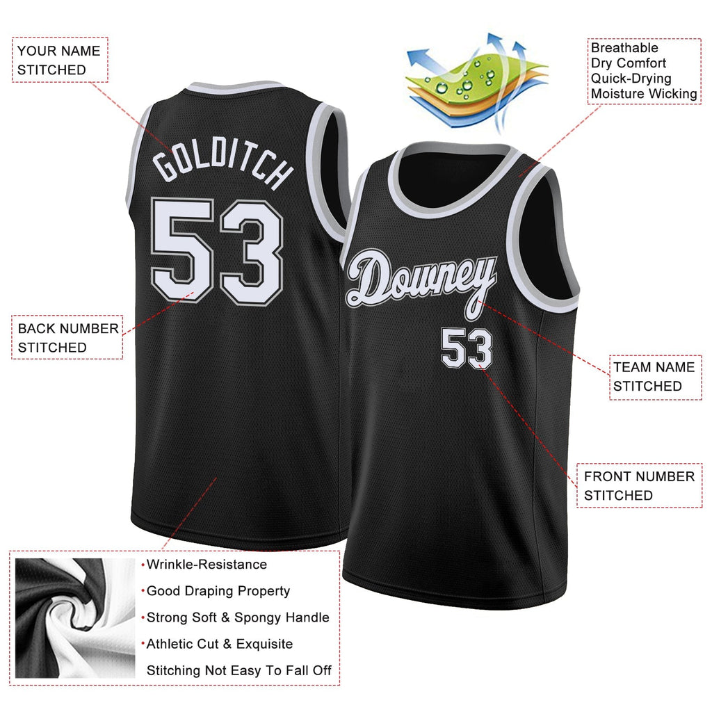 Custom Basketball Jersey - Black White-Gray Round Neck Rib-Knit