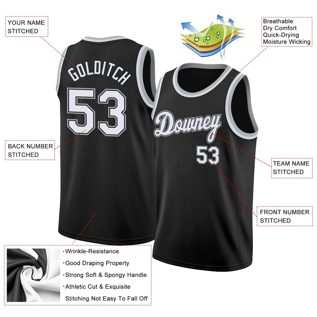 Custom Basketball Jersey - Black White-Gray Round Neck Rib-Knit