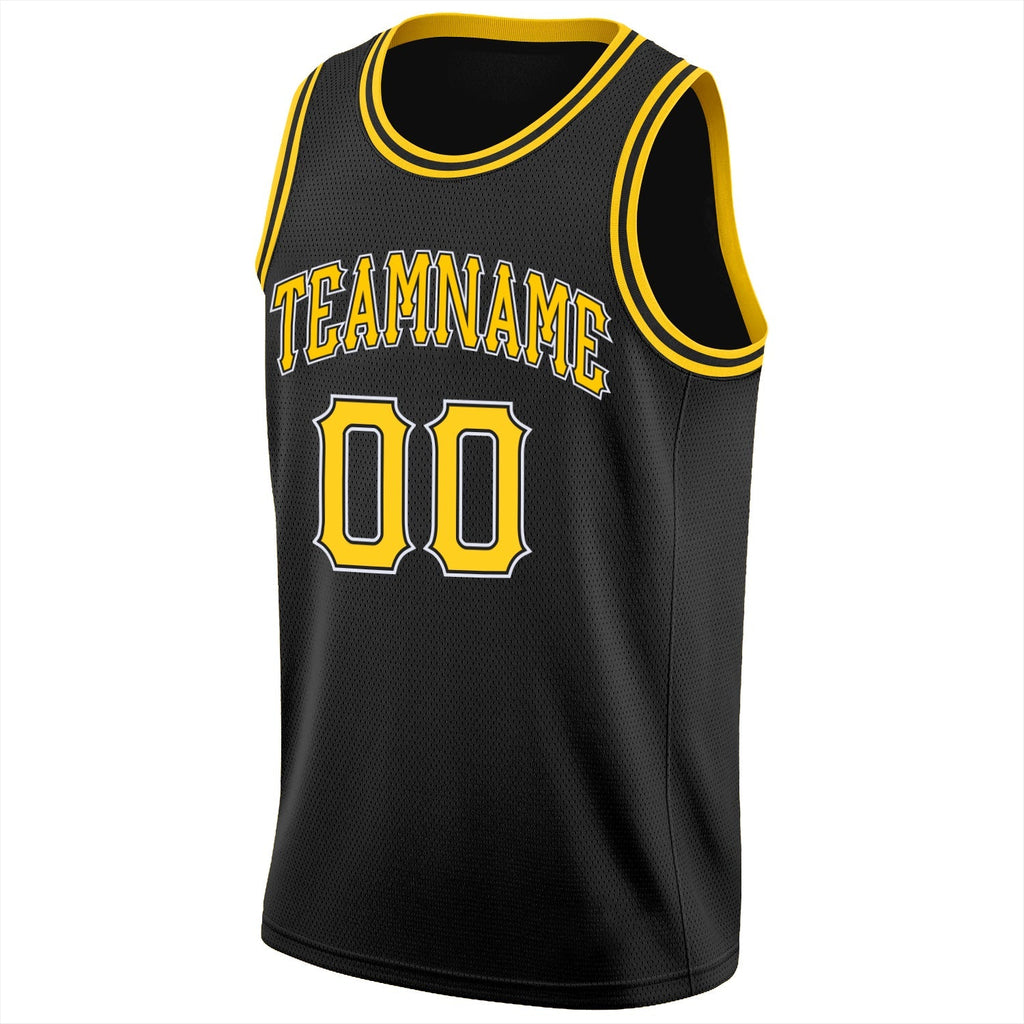Custom Basketball Jersey - Black Gold-White Round Neck Rib-Knit