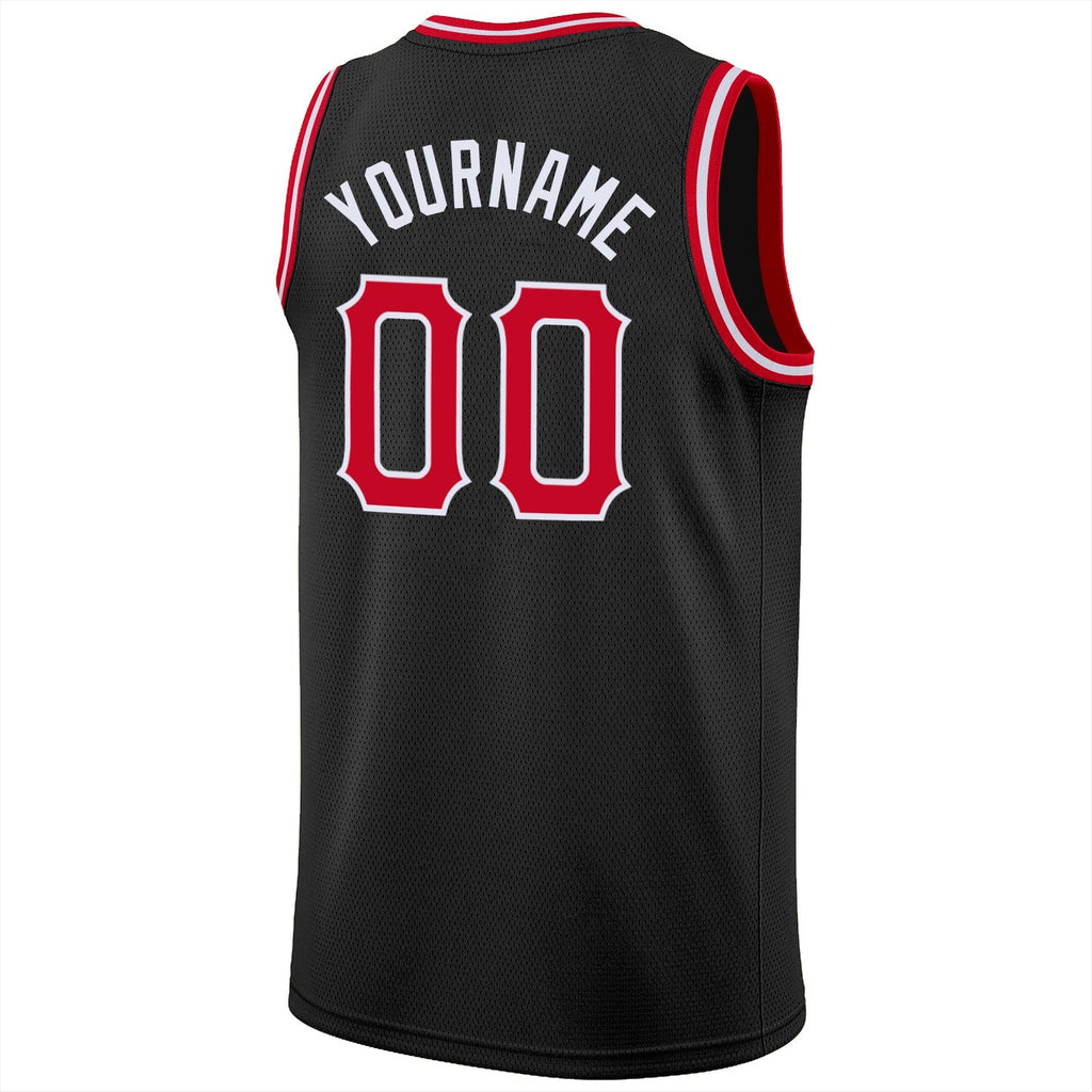 Custom Basketball Jersey - Black Red-White Round Neck Rib-Knit