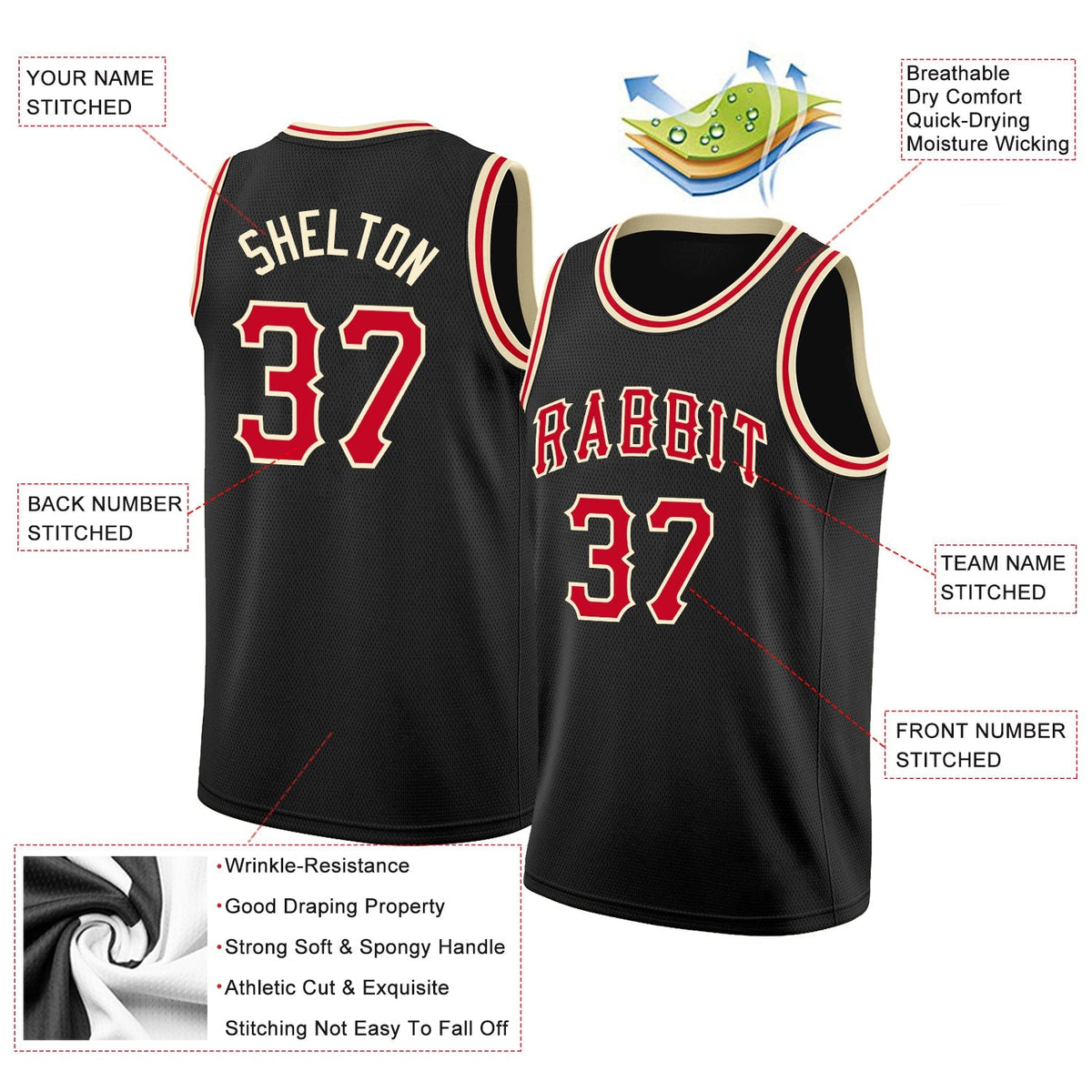 Custom Basketball Jersey - Black Red-Cream Round Neck Rib-Knit