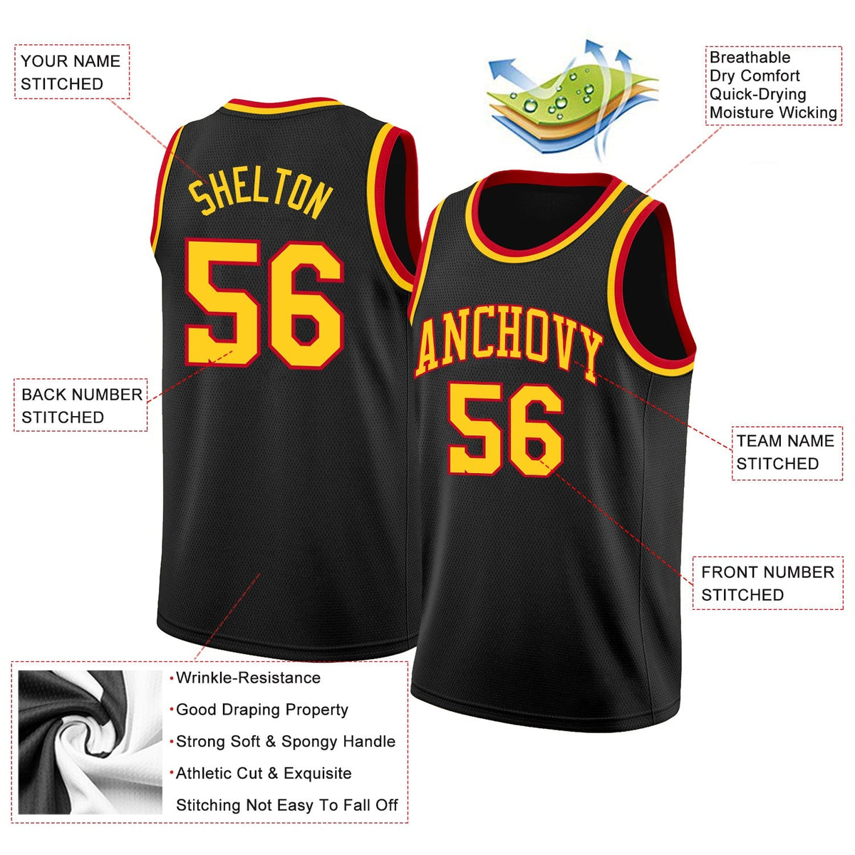 Custom Basketball Jersey - Black Gold-Red Round Neck Rib-Knit