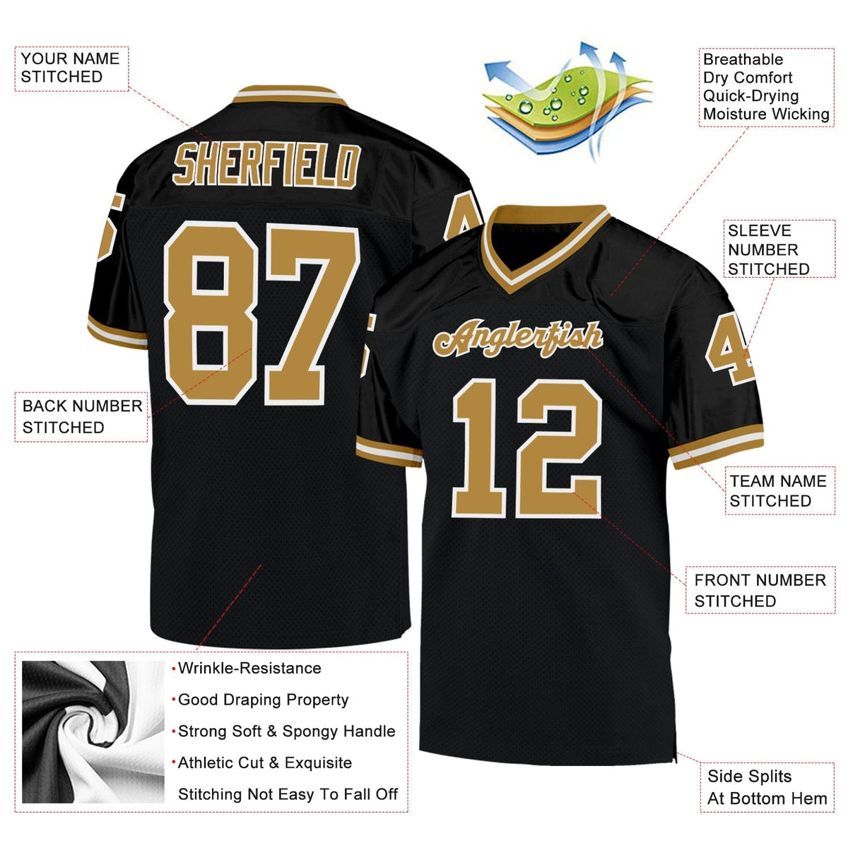 Custom Football Jersey - Black Old Gold-White Mesh Throwback