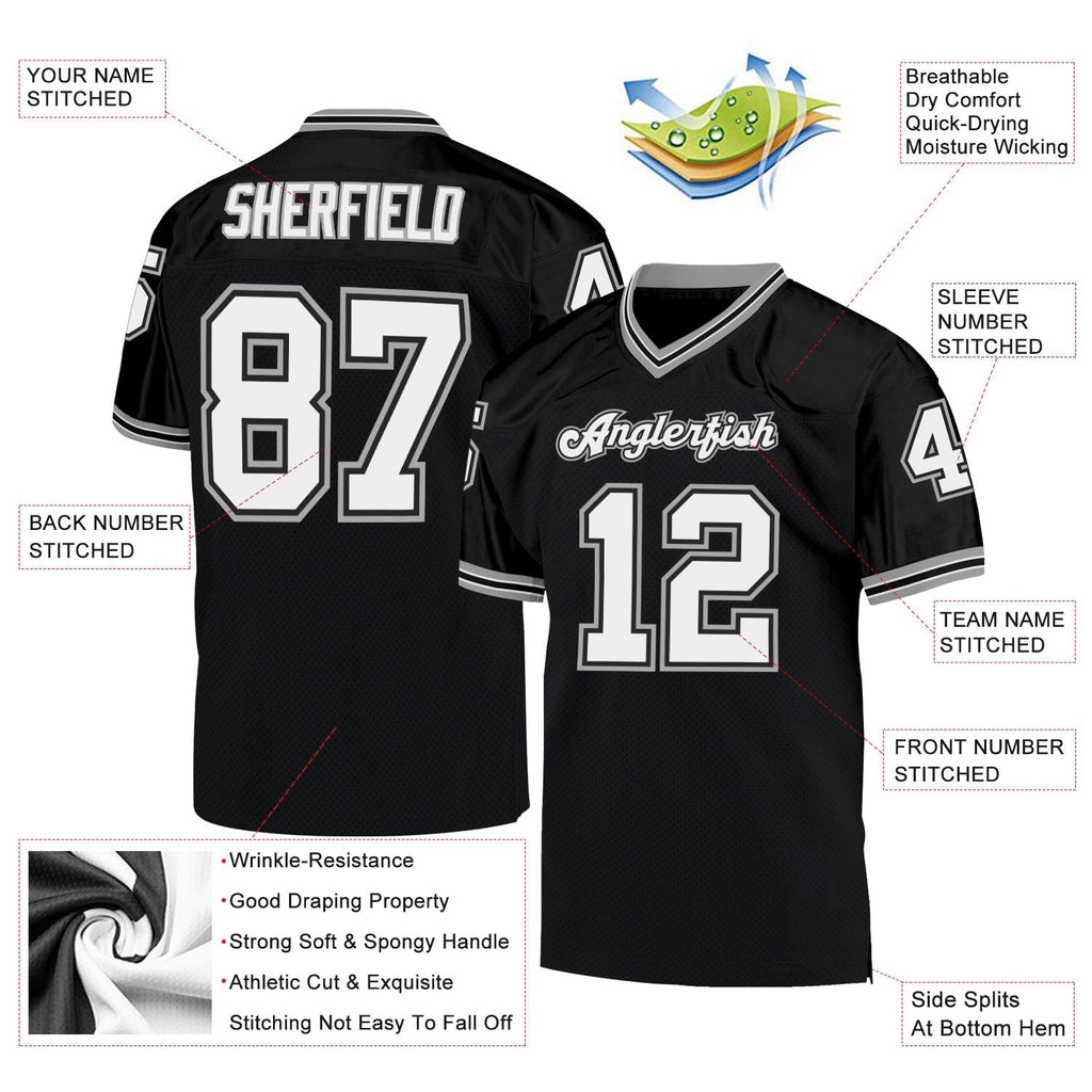 Custom Football Jersey - Black White-Gray Mesh Throwback
