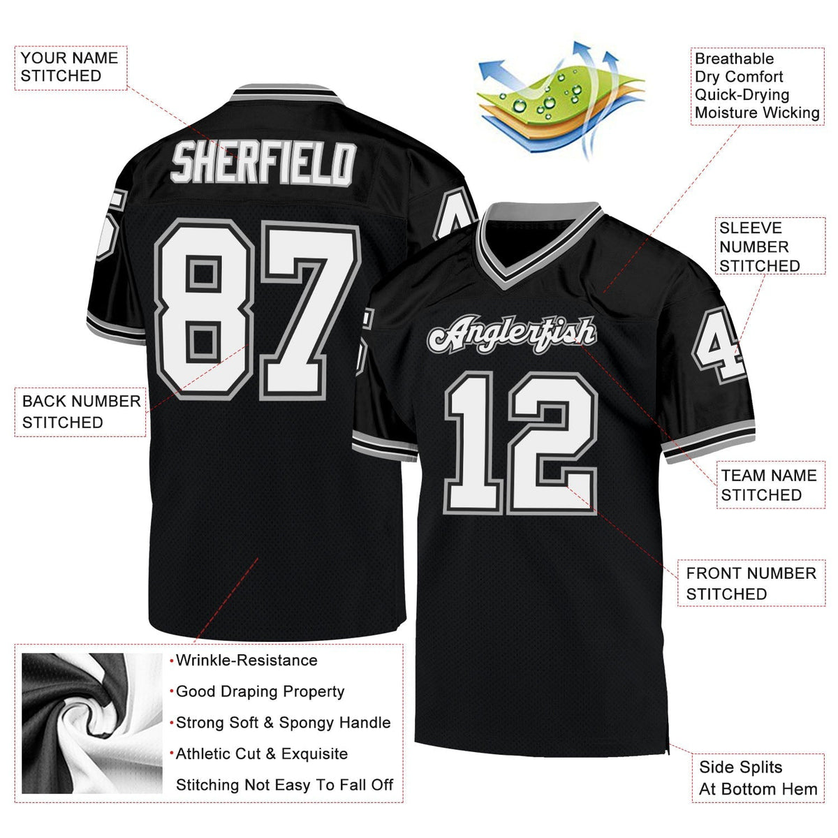 Custom Football Jersey - Black White-Gray Mesh Throwback
