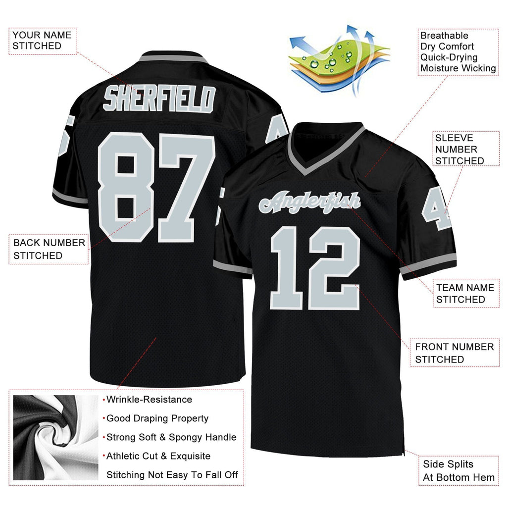 Custom Football Jersey - Black Silver-White Mesh Throwback