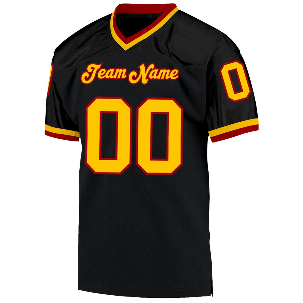 Custom Football Jersey - Black Gold-Red Mesh Throwback