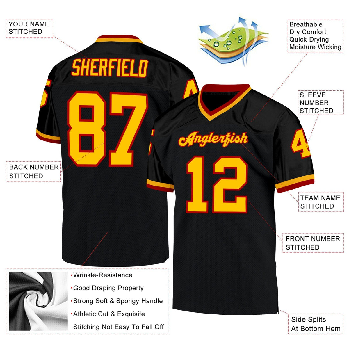 Custom Football Jersey - Black Gold-Red Mesh Throwback