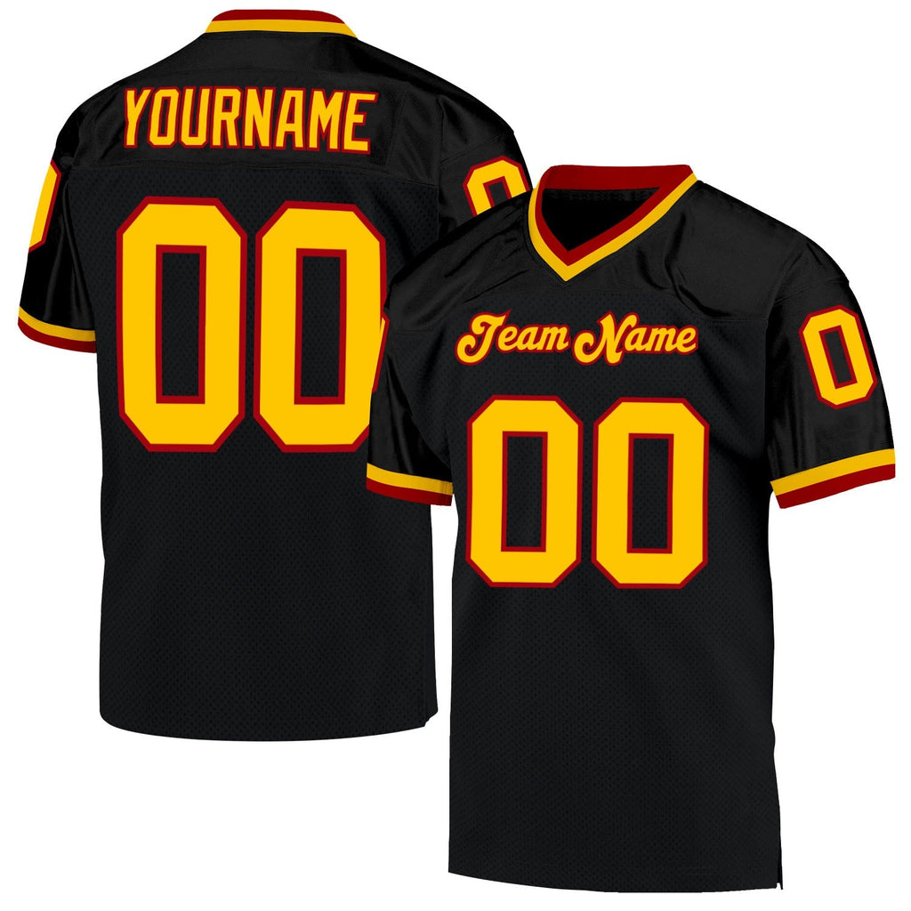 Custom Football Jersey - Black Gold-Red Mesh Throwback