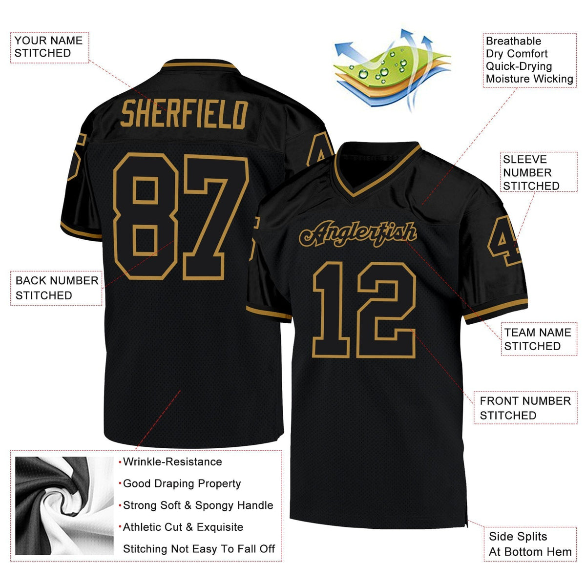 Custom Football Jersey - Black Black-Old Gold Mesh Throwback