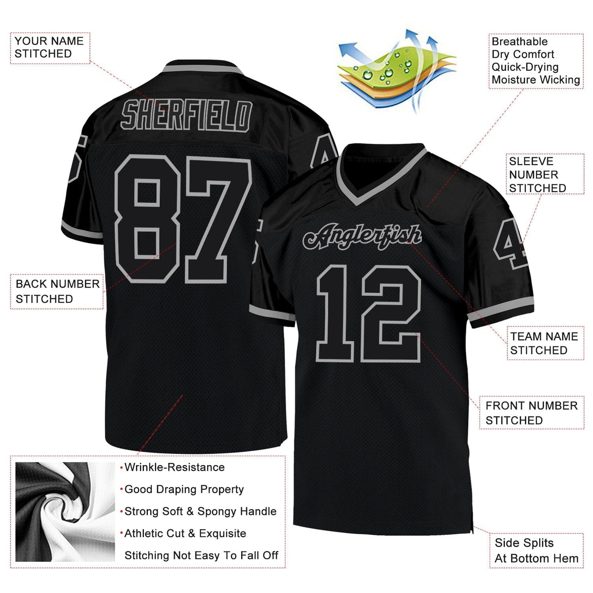 Custom Football Jersey - Black Black-Gray Mesh Throwback