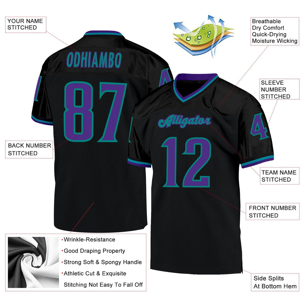 Custom Football Jersey - Black Purple-Aqua Mesh Throwback