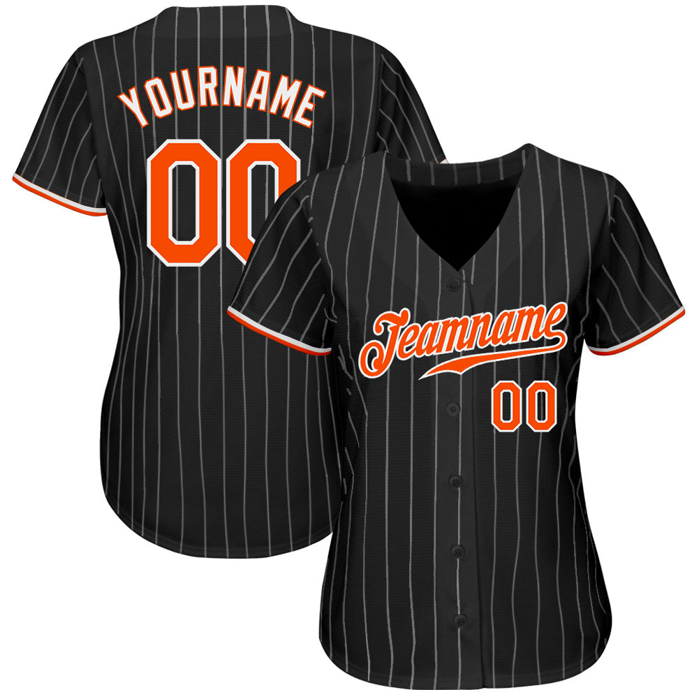 Custom Baseball Jersey - Black White Pinstripe Orange-White