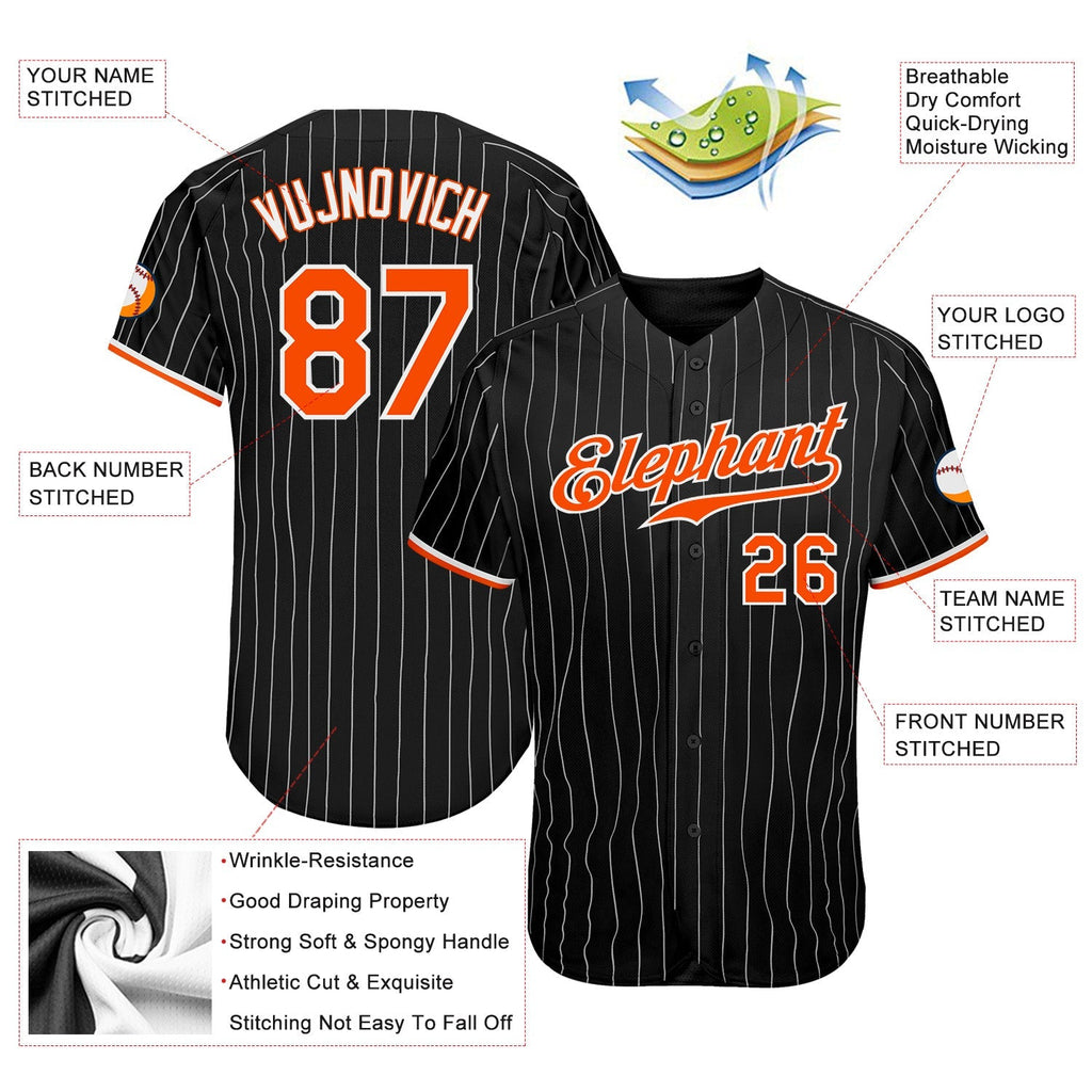 Custom Baseball Jersey - Black White Pinstripe Orange-White