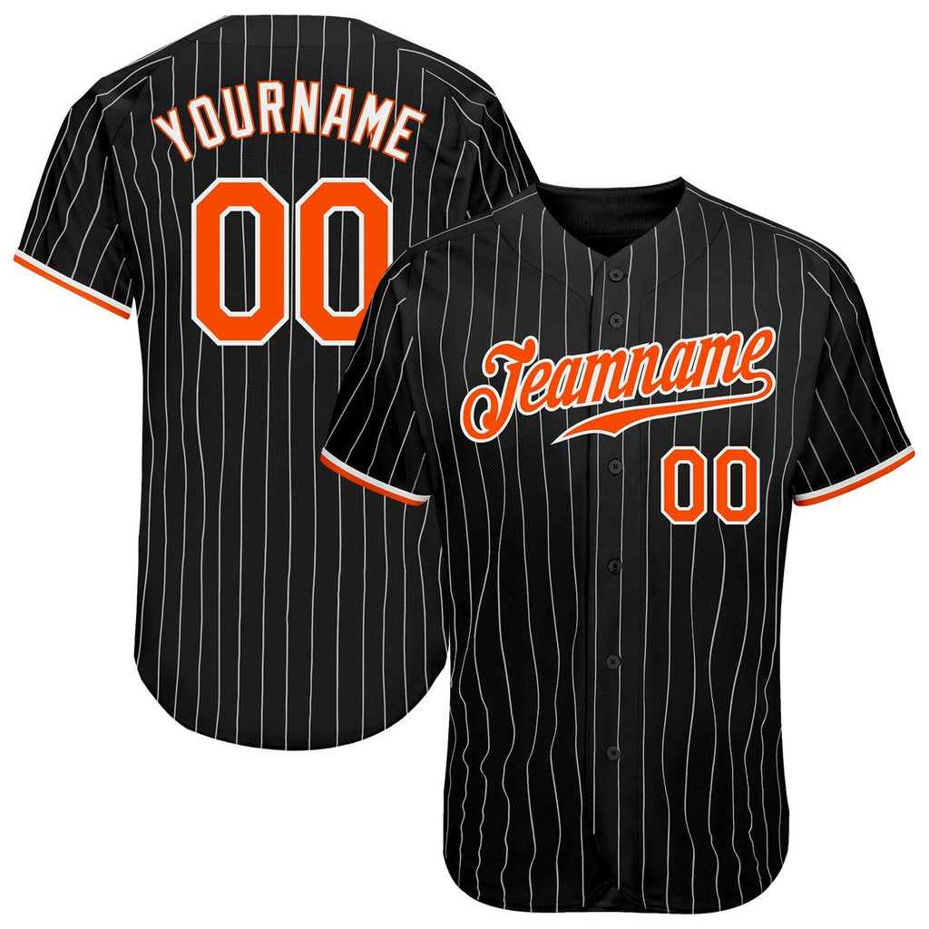 Custom Baseball Jersey - Black White Pinstripe Orange-White