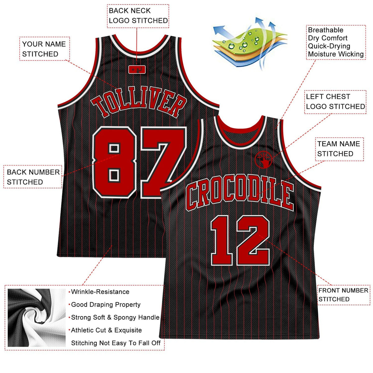 Custom Basketball Jersey - Black Red Pinstripe Red-White