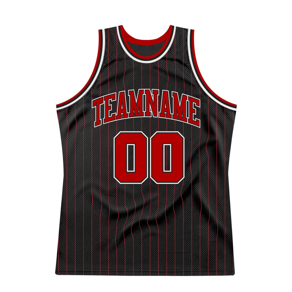 Custom Basketball Jersey - Black Red Pinstripe Red-White